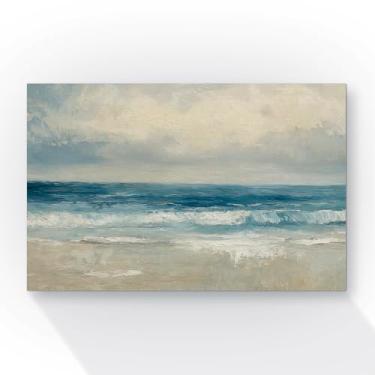 Imagem de Quadro Decorativo Paisagem Marítima, Pintura a Óleo em Tela, Arte de Parede com Ondas e Praia, Estilo Impressionista