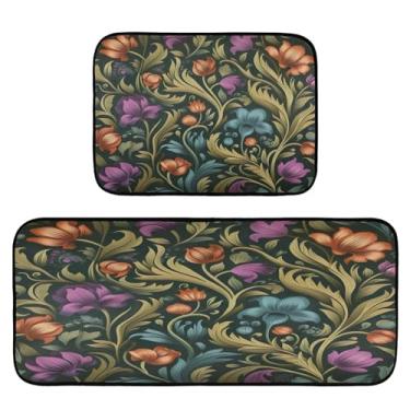 Imagem de Wassud Tapetes de cozinha florais verde-escuro para decoração de casa tapetes de cozinha acolchoados antifadiga tapetes de cozinha antiderrapante lavável essencial de cozinha conjunto de 2