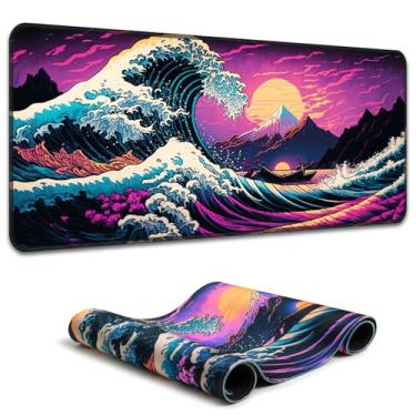 Imagem de Simpkeely Mouse pad japonês Sea Wave, Blacklight Kanagawa, impermeável, para jogos, estendido, grande mesa, teclado de computador, tapete de mouse grande com base de borracha antiderrapante de 3 mm