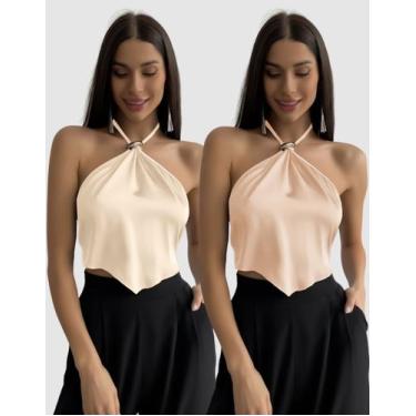 Imagem de Kit 2 Cropped Frente Única Feminino Decote Halter Alcinha Amarração Mo