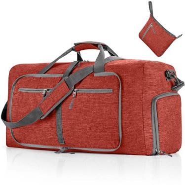 Imagem de Vomgomfom Bolsa esportiva de viagem para homens, bolsa esportiva de viagem dobrável 65L com compartimento de sapatos, bolsa noturna para homens e mulheres, à prova d'água e resistente a rasgos, 65L 85L 115L, O vermelho, 65L, Dobrável
