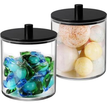 Imagem de SheeChung Pacote com 2 frascos grandes de boticário de 1,5 l com tampa de bambu, recipiente de cápsulas de lavanderia, frascos de armazenamento para organização de banheiro, recipientes de plástico