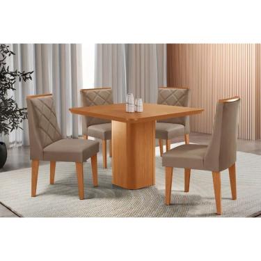 Imagem de Sala Jantar Mesa Maldivas Tampo Curvo 90cm+4 Cadeiras Pietá Madeira Naturale - Capuccino/Suede Capuccino - Rufato