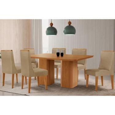 Imagem de Sala Jantar Mesa Maldivas Tampo Curvo 180cm+6 Cadeiras Dakota Madeira Naturale - Capuccino/Linho Bege - Rufato