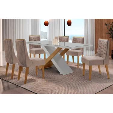 Imagem de Sala Jantar Mesa Imperatriz Tampo c/ Vidro Curvo 180cm+6 Cadeiras Maldivas Madeira Naturale/Off White - Capuccino/Suede Capuccino - Rufato
