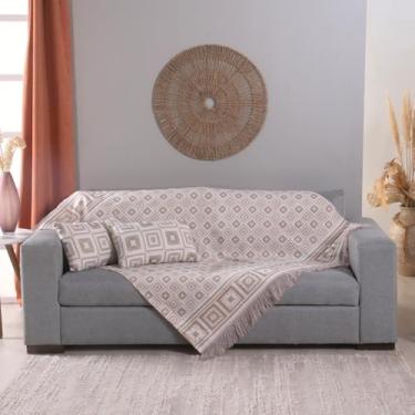 Imagem de Kit 5 Pçs Manta para Sofá e Almofadas Cheias Estilo Marrocos Tecido Jacquard 1,35x1,35m com Franja Cáqui
