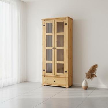 Imagem de Cristaleira Madeira Maciça 2 Portas De Vidro 1 Gaveta Rústica - Mel