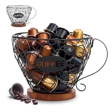 Imagem de Suporte de cápsulas de café, cesta de cápsula de grande capacidade com base e alça de madeira rústica, organizador de café de metal para cozinha, bancada, sala de jantar, escritório, casa, café, hotel