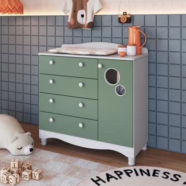 Imagem de Cômoda Infantil 4 Gavetas 1 Porta com Pés Encanto Completa Móveis - Branco/Verde