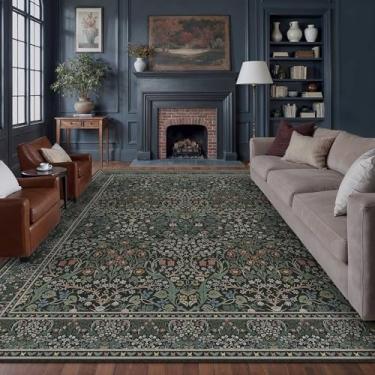 Imagem de HUGEAR Tapetes florais vintage laváveis 20 x 25 cm preto verde - estilo oriental neutro retrô resistente a manchas, antiderrapante, para crianças e animais de estimação, para sala de estar, quarto