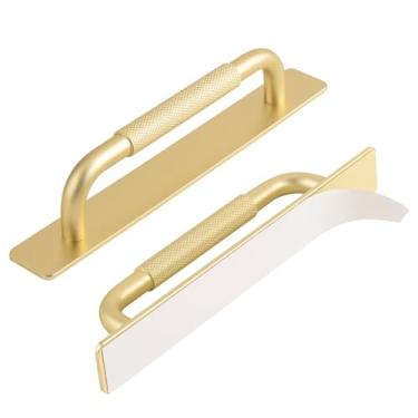 Imagem de funifiti Pacote com 2 puxadores de armário autoadesivos dourados de 17,8 cm, puxador de gaveta adesivo, portas de vidro, sem furadeira, puxadores de gaveta (ouro, fita dupla face, 18 cm)