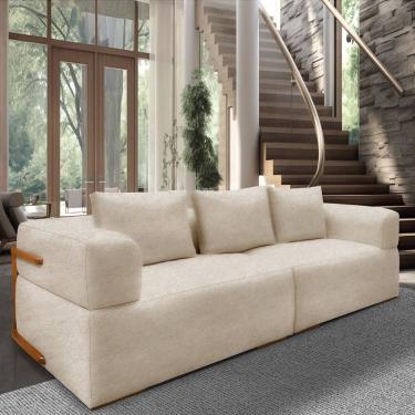 Imagem de Sofá 3 Lugares 2,40m Em Tecido Bouclé Com Aplique Em Madeira – Scott Lucadi Bege