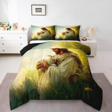 Imagem de Homewish Jogo de cama cristão com versículos bíblicos, tamanho casal, ovelha branca, 3 peças, para decoração de quarto de crianças, meninas, meninos, adultos, tema bíblico, edredom retrô, 2 fronhas