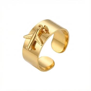 Imagem de Anel grosso com pingente de avião de aço inoxidável para mulheres e homens, expansível, ajustável, aberto, noivado, compromisso, anéis, ajuste confortável, fofo, viagem, lembrança, joia para piloto de