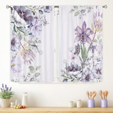 Imagem de Cinbloo Cortinas de cozinha de flores roxas 79,5 x 99 cm A, bolso para varão, curto, floral, primavera, rústico, vintage, arte em aquarela, impressa, elegante, sala de estar, quarto, janela