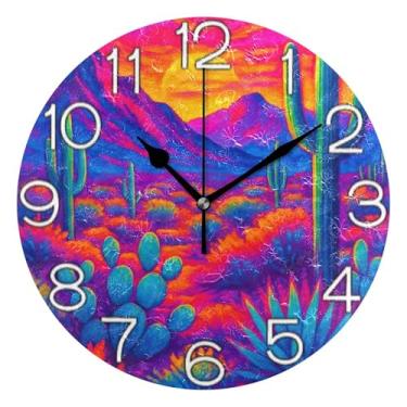 Imagem de GAIGEO Relógio de parede analógico decorativo estético silencioso sem tique-taque relógio de cozinha fofo, decoração de parede de sala de estar moderna cacto neon deserto, 25 cm, ponteiros pretos
