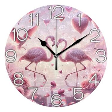 Imagem de GAIGEO Relógio de parede analógico floral flamingo rosa dos namorados relógio de cozinha rústico estético silencioso sem tique-taque, decoração de parede vintage, sala de estar, 25 cm, ponteiros