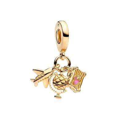 Imagem de Amuefer Pingente Travel Aroud the World 3 em 1 banhado a ouro 14K para Pandora, bagagem de avião, presente de joias, aniversário, Natal, Dia das Mães, formatura, casal amigo da família, para pulseiras