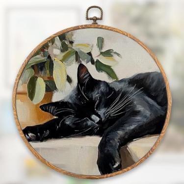 Imagem de XFN Decoração de arte de parede de gato preto vintage, gato preto dormindo com imagens de plantas, arte de parede redonda de animal rústico vintage decoração de pendurar para decoração de sala de