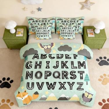 Imagem de Feelyou Conjunto de edredom infantil alfabeto ABC Aprendizagem, solteiro, 7 peças, raposa fofa, arte educacional, para crianças, meninos, meninas, com edredom e lençóis e capas de almofada, decoração