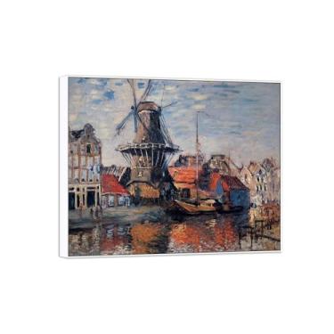 Imagem de BMZFYBS Claude Monet Famosa arte de parede impressões em tela prontas para pendurar - moinho de vento no canal - quadro branco para decoração de sala de estar 40 x 50 cm 16 x 20 pol
