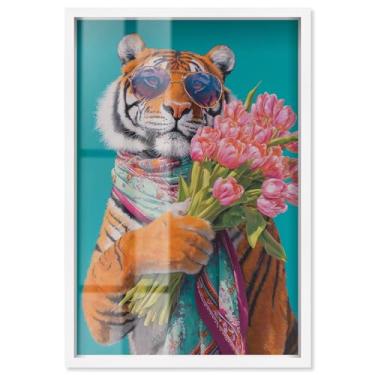 Imagem de Tiger with Bouquet Shadowbox Print Pets Glam Wall Art por Art Remedy, moldura branca, 43 x 63 cm