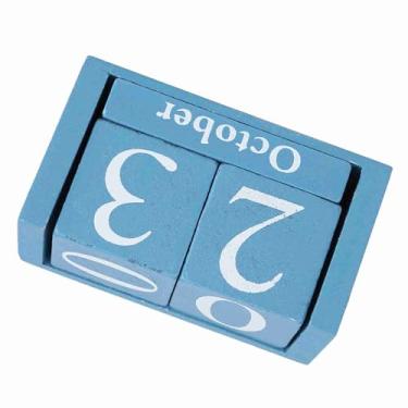 Imagem de Luqeeg Calendário de Madeira Estilo Vintage para Exibição de Data do Mês, Calendário Perpétuo de Bloco de Madeira de Mesa Reutilizável para Decoração de Escritório Doméstico (Azul)