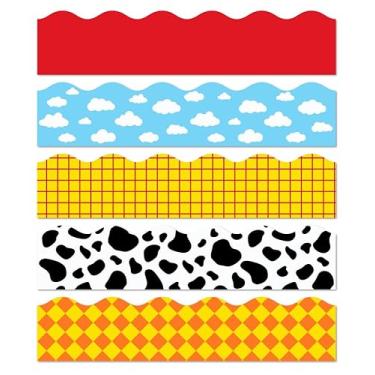 Imagem de JarThenaAMCS Bordas de quadro de avisos de desenho animado de 1,8 m com estampa de vaca céu azul amarelo quadriculado borda autoadesiva para decoração de festa de aniversário de chá de bebê