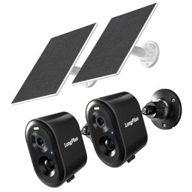 Imagem de LongPlus Câmeras de segurança solar sem fio, câmera externa sem fio para segurança doméstica, pacote com 2 câmeras WiFi alimentadas por bateria 2K com detecção de movimento AI, conversa bidirecional