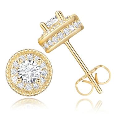 Imagem de AMELINE Brincos de ouro 14K para mulheres, brincos pequenos de ouro para mulheres, brincos femininos minimalistas elegantes de zircônia cúbica brilhante 8,5 mm, 6.5mm, Ouro 14k, Zircônia cúbica