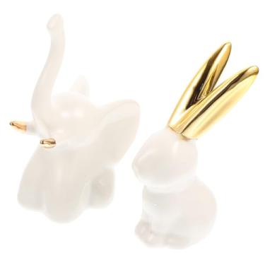 Imagem de 2 peças de estátuas de animais de cerâmica delicadas porta-anéis de elefante coelho decoração criativa bandeja de joias fofas estatuetas de animais de mesa para decoração de casa suportes exclusivos
