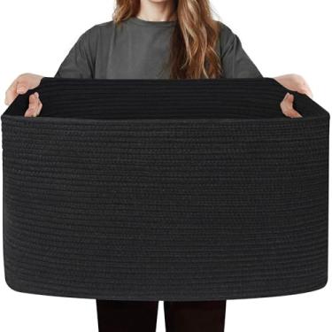 Imagem de WILLITAT Cesta preta para cobertores, armazenamento de cobertor grande de 75 L para sala de estar, cestas de corda de algodão para organização, caixa de brinquedo de cachorro infantil, organizador de