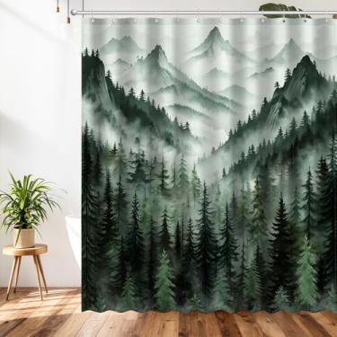 Imagem de SHUNLCD Cortina de chuveiro natural de floresta verde, montanha enevoada rústica floresta pinheiro paisagem conjunto de decoração de banheiro, tecido de poliéster cortina de banho com ganchos, 182 x