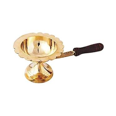 Imagem de Planto Living Dhoop Diya de latão puro com cabo de madeira para Pooja/Puja, Aarti Diya, Mandir Pooja e item Spritual (ouro, pacote com 1)