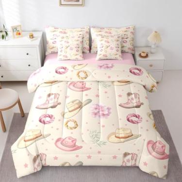 Imagem de Erosebridal Conjunto de cama casal de 7 peças Cowgirl Western para crianças pré-adolescentes – Lindo chapéu de caubói para cama em uma bolsa, conjunto de edredom floral boho, rosa ocidental, com