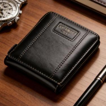 Imagem de Carteira masculina de couro curta com zíper, design essencial com zíper (preto)