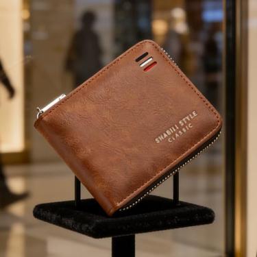 Imagem de Carteira masculina de couro curta com zíper, bolsa de moedas com zíper atemporal (marrom claro)