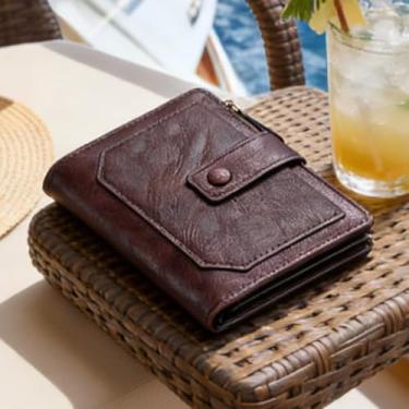 Imagem de Carteira masculina de couro curta com zíper, organizador de couro café escuro (marrom café escuro)