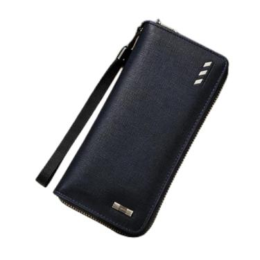 Imagem de Carteira masculina, carteira vintage longa de couro com zíper para estudantes, organizador retrô com bloqueio RFID e vários compartimentos para cartões, escolha moderna (azul marinho)