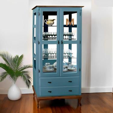 Imagem de Cristaleira De Madeira Espelho 2 Portas 3 Prateleiras 2 Gavetas Pés Luiz Xv - Azul Céu Laca Com Tampo E Base Imbuia