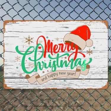 Imagem de Placa de chapéu de Papai Noel Merry Christmas, decorações de Natal, arte de parede de alumínio rústico e placa de metal - 20 x 30 cm, decoração vintage interna e externa para casa, escritório, café