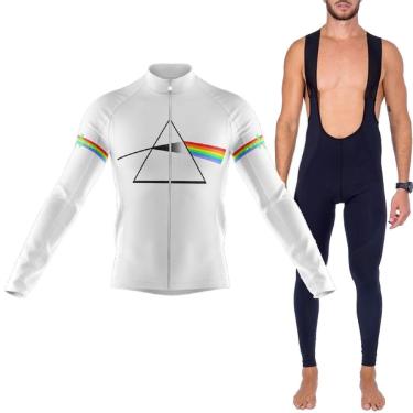 Imagem de Kit Bretelle Gel Ciclismo Camisa Manga Longa Pink Floyd Branco-Masculino