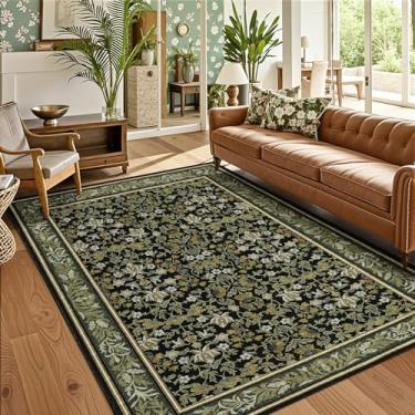 Imagem de GarveeHome Tapetes laváveis para sala de estar, boho vintage, antiderrapante, resistente a manchas, interior macio, grande, para quarto, sala de jantar, escritório, verde, preto