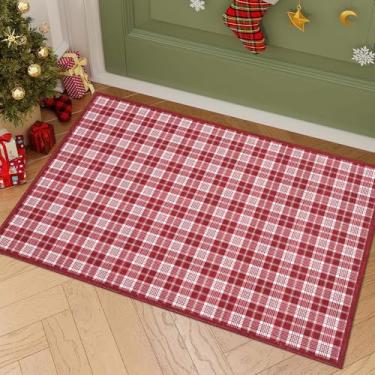Imagem de GarveeHome Tapete de Natal 5 x 3, entrada quadriculada lavável à máquina com suporte antiderrapante, capacho resistente a manchas de pelo baixo para corredores, cozinha, banheiro, quarto, vermelho