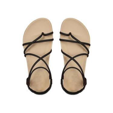 Imagem de GORGLITTER Sandálias rasteiras femininas elegantes de bico aberto com tira no tornozelo verão praia tanga deslizante sapatos de férias, Preto, 37