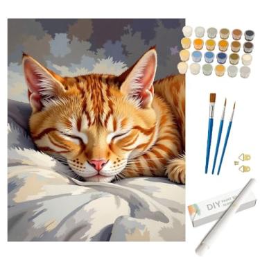 Imagem de Kit de pintura de gato dormindo por números para adultos – DIY fofo laranja malhado descansando na cama pintura enrolada em tela 40,6 x 50,8 cm, conjunto de tinta acrílica, adequado para iniciantes