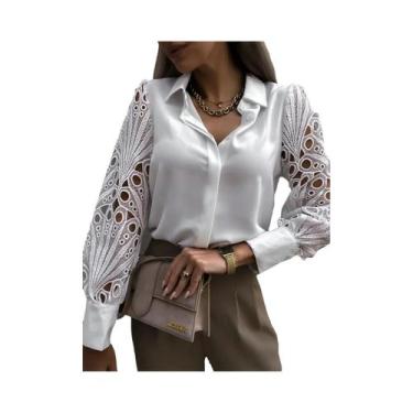 Imagem de Blusa Feminina De Manga Longa Com Renda Branca, Camisa Vintage Com Bot