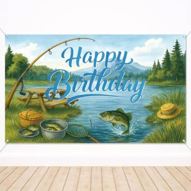 Imagem de Painel Fundo Aniversário Tema Pesca Estilo Retrô Festa Pesca Decorações com Gramado Árvores Vara Cesta e Chapéu Padrão Ideal para Festa de Aniversário Decorar