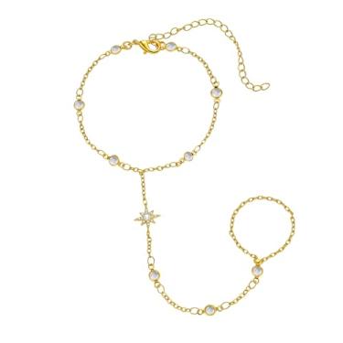 Imagem de Pulseira de corrente de mão banhada a ouro 14 k delicada para mulheres, pulseira de contas de zircônia cúbica e anel de joia corporal, Adjustable, Latão, Sem Pedra Preciosa