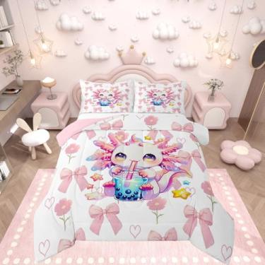 Imagem de Erosebridal Jogo de cama solteiro com laço rosa, fofo, salamandra, coração, amor, floral, para adolescentes e mulheres jovens, decoração de quarto, edredom com laços rosa